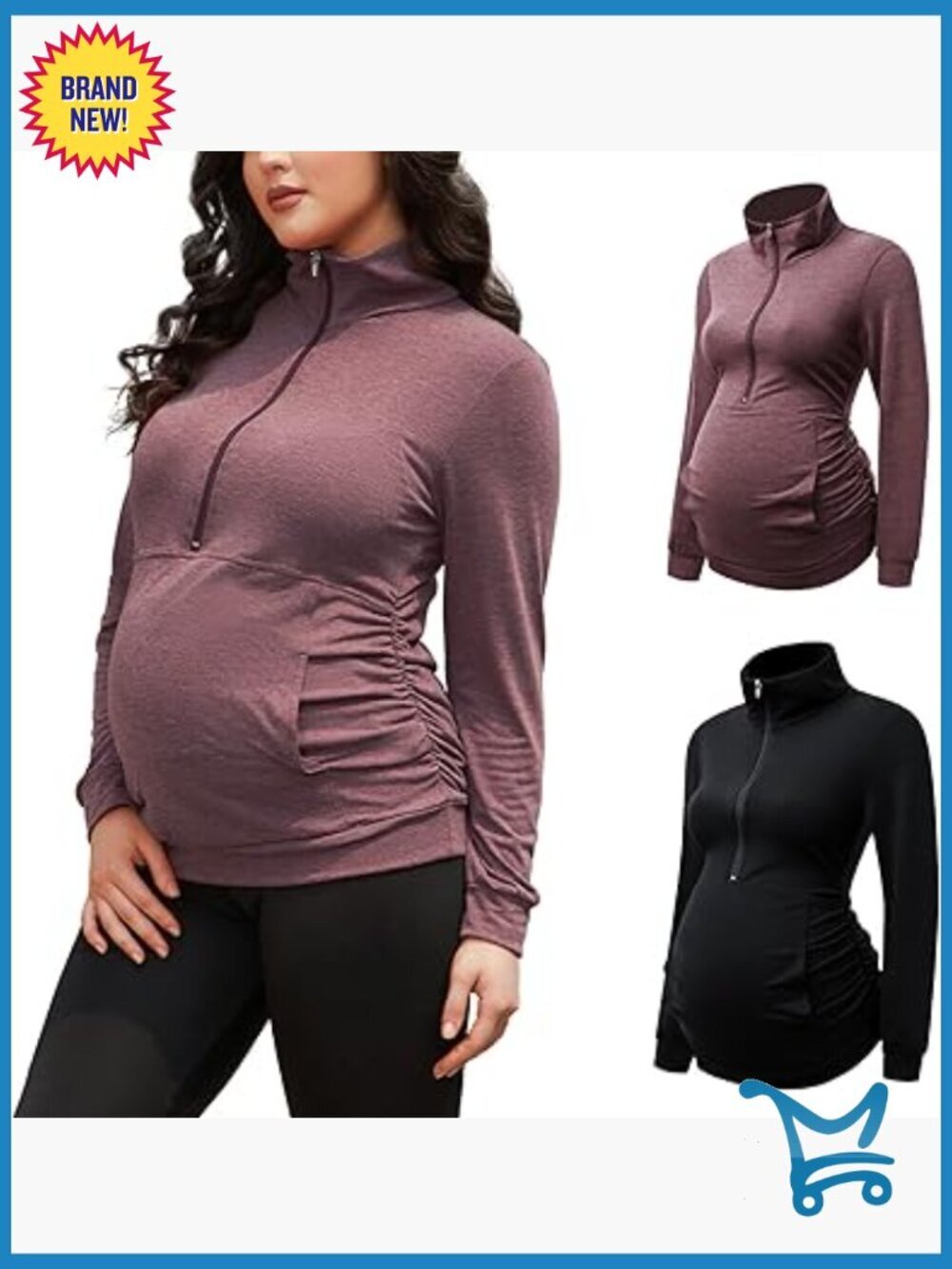Maternity Long Sleeve Half Zip Shirt with Pockets